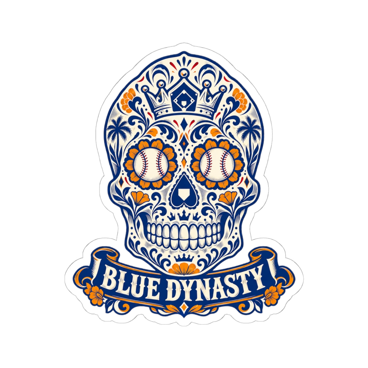 Blue Dynasty Sugar Skull Sticker — Baseball Day of the Dead Design