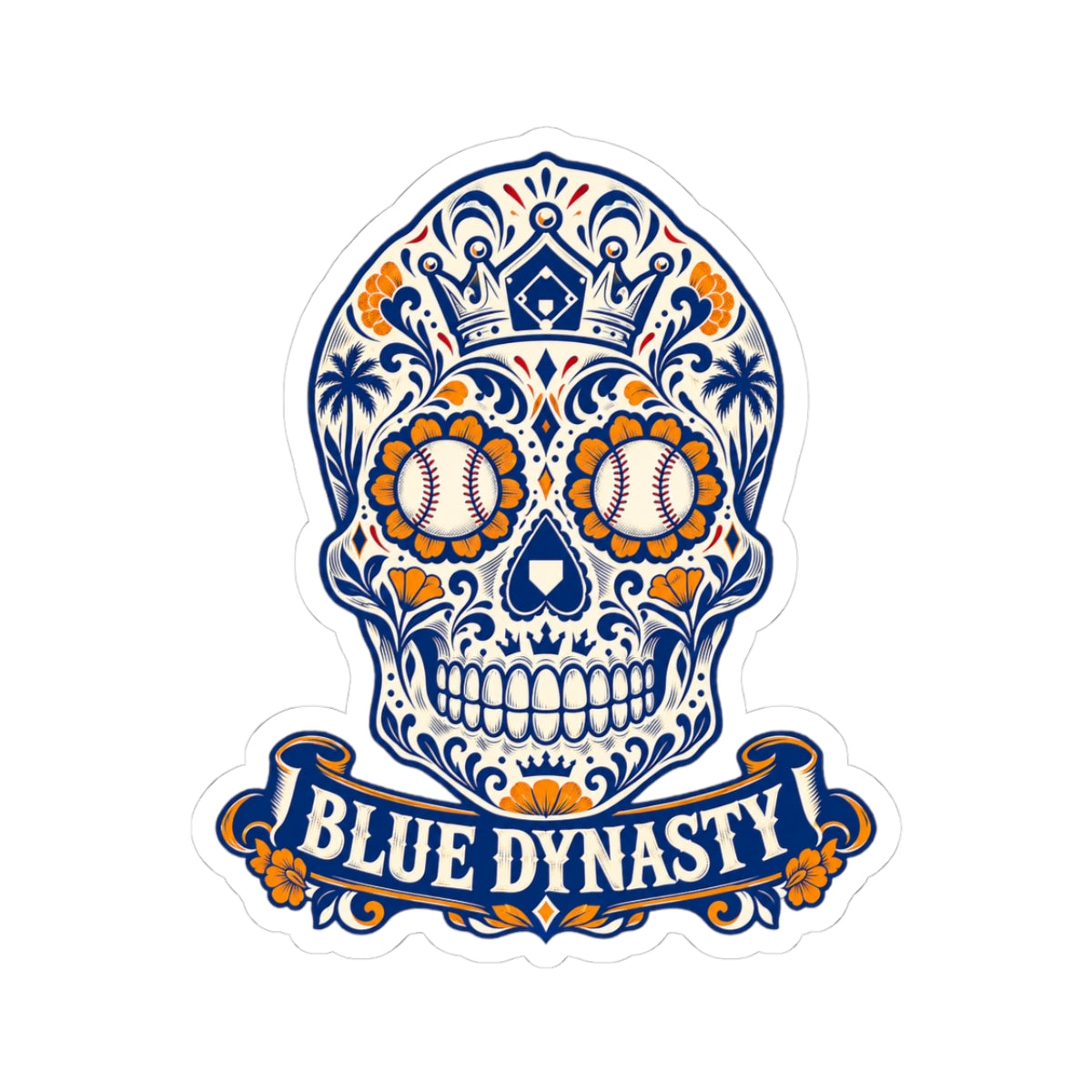Blue Dynasty Sugar Skull Sticker — Baseball Day of the Dead Design