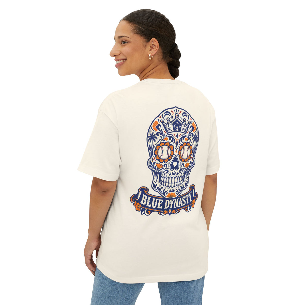 "Dia De Los" Sugar Skull Cream Boxy Tee — Blue Dynasty