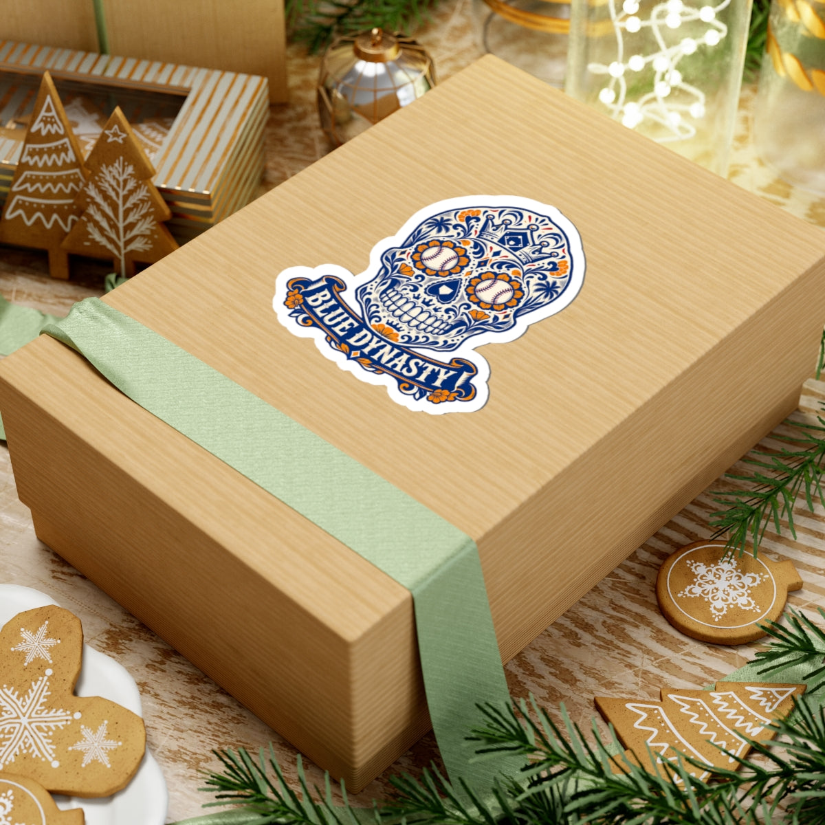 Blue Dynasty Sugar Skull Sticker — Baseball Day of the Dead Design