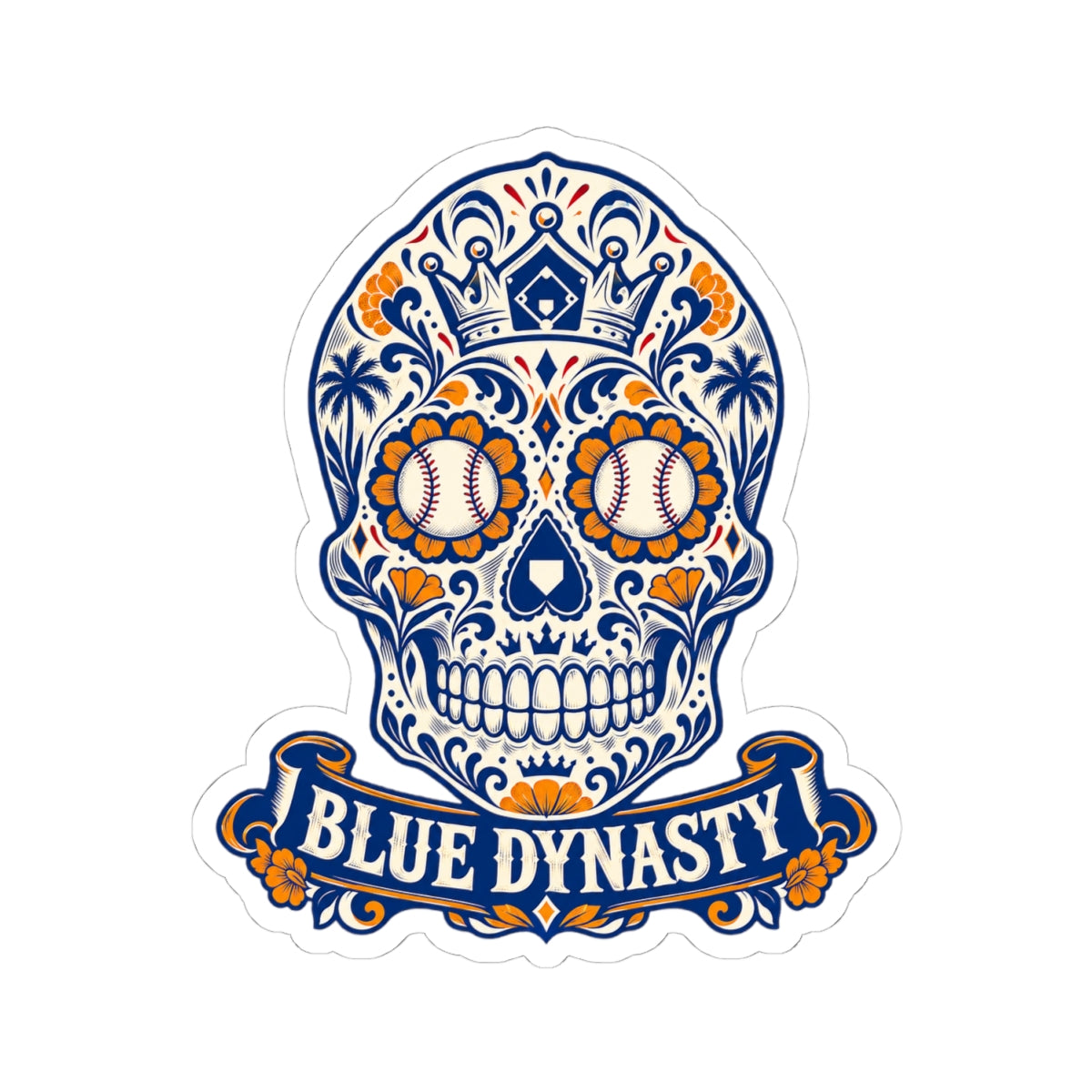 Blue Dynasty Sugar Skull Sticker — Baseball Day of the Dead Design