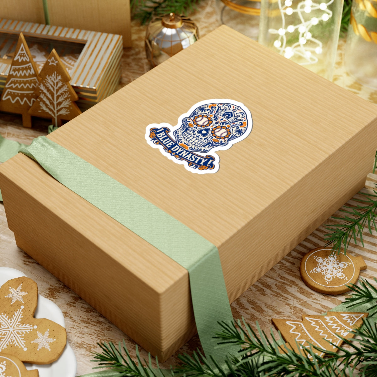 Blue Dynasty Sugar Skull Sticker — Baseball Day of the Dead Design